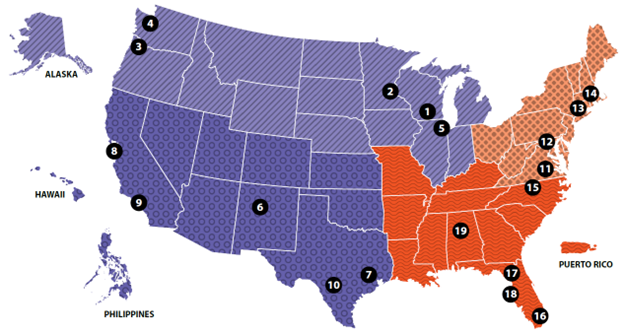 US map with region geography and site locations